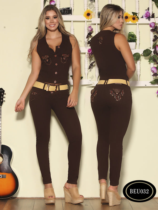 Colombian Jeans Butt Lifting Denim Sexy Vest and Jean Red Wine Color Bambu 